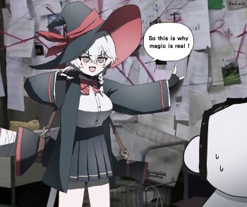 1boy 1girl absurdres blue_archive blush_stickers bow bowtie braid doodle_sensei_(blue_archive) english_text eri_(blue_archive) evidence_board gun halo hat highres it&#039;s_always_sunny_in_philadelphia jacket kai_xin long_coat long_hair meme orange_eyes paper pepe_silvia_(meme) sensei_(blue_archive) shirt skirt sparkling_eyes strap sweatdrop sweater weapon white_hair witch_hat