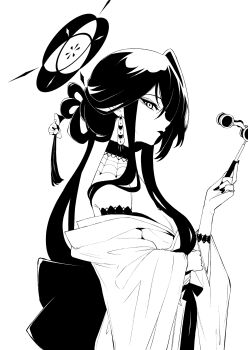 1girl blue_archive earrings goth_fashion greyscale halo highres japanese_clothes jewelry kimono kokuriko_(blue_archive) looking_at_viewer monochrome odaneru_apart opera_glasses profile simple_background solo spider_web_pattern