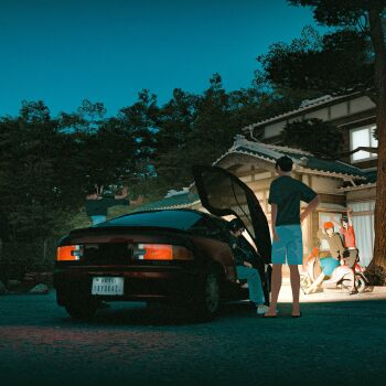1boy 1other 3girls architecture black_hoodie black_pants black_shirt blue_helmet blue_pants blue_shorts blue_sky car commentary east_asian_architecture english_commentary faiz_azhar film_grain forza forza_horizon_6 full_body game_screenshot_background gull-wing_doors helmet highres hood hood_down hoodie house license_plate long_sleeves moped motor_vehicle multiple_girls night open_door outdoors pants red_car red_helmet red_shirt sandals screenshot_background shadow shirt shoes short_sleeves shorts sky toyota_sera tree white_shoes