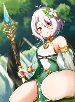 1girl antenna_hair breasts cape commentary_request dress elf green_cape green_dress grey_hair highres holding holding_polearm holding_weapon kokkoro_(princess_connect!) looking_at_viewer outdoors pointy_ears polearm princess_connect! side_cape single_bare_shoulder sleeveless sleeveless_dress small_breasts solo spear tree wanitaroo._(waniwani_panic) weapon