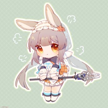 1girl :t animal_ears arknights chibi chinese_commentary closed_mouth commentary_request frilled_hairband frills grey_hair hairband highres holding holding_staff kuroba_ying long_sleeves looking_at_viewer orange_eyes outline pout puff_of_air rabbit_ears rabbit_girl solo staff standing warmy_(arknights) white_outline