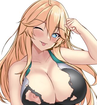 1girl ahoge arm_up bare_arms black_one-piece_swimsuit blonde_hair blue_eyes blush breasts cleavage closed_mouth collarbone competition_swimsuit dojikko_pose hair_between_eyes highres iowa_(kancolle) kantai_collection large_breasts long_hair looking_at_viewer montemasa nipple_slip nipples one-piece_swimsuit one_breast_out one_eye_closed sidelocks simple_background smile solo star-shaped_pupils star_(symbol) swimsuit symbol-shaped_pupils tongue tongue_out torn_clothes torn_swimsuit upper_body variant_set very_long_hair white_background