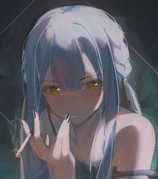 1girl absurdres bang_dream! bang_dream!_it&#039;s_mygo!!!!! black_nails blue_hair braid camisole cigarette commentary_request glint grey_camisole highres holding holding_cigarette indonesian_commentary kebohan long_hair nail_polish sidelocks solo strap_slip togawa_sakiko upper_body yellow_eyes