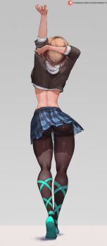 1girl adapted_costume arm_up arms_up artist_name ass back ballet_slippers blonde_hair clothes_lift crop_top curvy cutesexyrobutts from_behind full_body green_ribbon green_shoes grey_background gwen_stacy highleg highleg_panties highres kneepits long_legs long_sleeves marvel midriff miniskirt narrow_waist outstretched_arms panties panties_under_pantyhose pantyhose patreon_logo patreon_username plaid_clothes plaid_skirt pleated_skirt ribbon school_uniform shadow shirt shoes short_hair simple_background skindentation skirt skirt_lift solo spiderman_(series) standing stretching sweater thick_thighs thigh_gap thighs toned underwear walking wet wet_clothes wet_panties white_panties white_shirt wind