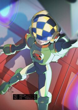 1boy armor black_bodysuit bodysuit covered_eyes dice double_soul_(mega_man) green_armor green_bodysuit helmet helmet_over_eyes highres male_focus mega_man_(series) mega_man_battle_network_(series) megaman.exe netnavi numberman.exe solo to_i_to_io watermark