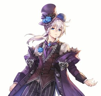 1boy artist_request ascot blue_eyes blue_flower blue_gem boutonniere brooch coat coat_partially_removed commentary commentary_request cowboy_shot english_commentary floating_hair flower frown gem halloween halloween_costume hat hat_flower highres jewelry king's_raid korean_commentary long_hair long_sleeves low_ponytail mixed-language_commentary off_shoulder official_alternate_costume official_art pants pavel_(king's_raid) plant ponytail purple_ascot purple_coat purple_hat purple_pants purple_ribbon red_vest ribbon second-party_source shirt simple_background solo striped_clothes striped_pants top_hat vertical-striped_clothes vertical-striped_pants vest vines white_background white_hair white_shirt