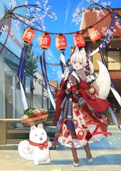 1girl absurdres blue_sky blunt_bangs boots bow crab dog flower food fruit gloves highres house japanese_clothes kimono lantern looking_at_viewer medium_hair open_mouth original pink_flower red_bow red_eyes red_kimono red_ribbon ribbon sky smile standing tail wata_(attaka_towel) white_dog white_gloves white_hair