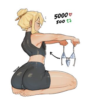 1boy absurdres alohapz alternate_costume androgyne_symbol arrow_(symbol) ass back barefoot bike_shorts bikini black_shorts blonde_hair blue_bikini blue_eyes bridget_(guilty_gear) bulge compression_shirt crop_top flying_sweatdrops from_behind full_body guilty_gear hair_bun half-closed_eyes hands_up highres holding holding_swimsuit holding_unworn_clothes like_and_retweet male_focus midriff outstretched_arms seiza shirt short_hair shorts simple_background single_hair_bun sitting sleeveless sleeveless_shirt solo swimsuit trap twitter_strip_game unworn_swimsuit white_background