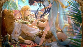 1boy 1girl abs absurdres alcohol anklet aqua_eyes arabian_clothes arch arm_tattoo armlet asukaashuka belt black_hair blonde_hair blue_dress bracer chalice chinese_commentary circlet closed_mouth cup curtained_hair cushion day dress earrings facial_mark feet_out_of_frame food fruit full_body gold_armlet gold_belt gold_collar gold_earrings gold_necklace gold_shoes grapes head_chain heroine_(lovebrush_chronicles) hetero high_heels highres holding holding_riding_crop jewelry lars_rorschach leaning_forward lion lips long_dress long_hair looking_at_another lovebrush_chronicles middle_eastern_architecture mouth_veil multiple_rings necklace no_eyes open-toe_shoes palm_leaf parted_bangs pectorals pelvic_curtain pitcher_(container) plant plunging_neckline profile railing reclining riding_crop ring robe sash see-through_robe shoes short_hair sitting smile spill standing tattoo thighlet toned toned_male usekh_collar vambraces veil waist_sash watermark weibo_watermark white_robe wine yellow_sash