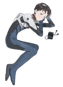 Rule 34 | 1boy, black hair, blue bodysuit, blue eyes, bodysuit, closed mouth, fetal position, full body, highres, ikari shinji, interface headset (evangelion), m3gris3, male focus, mecha pilot suit, neon genesis evangelion, plugsuit (evangelion), short hair, simple background, solo, walkman, white background