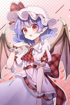 1girl ascot bat_wings blue_hair bow dot_nose feet_out_of_frame gagaku_kawa_rei halftone halftone_background hat hat_bow highres light_blush looking_at_viewer mob_cap open_mouth pink_shirt pink_skirt plaid_ascot plaid_bow plaid_clothes pointy_ears puffy_short_sleeves puffy_sleeves red_ascot red_bow red_eyes remilia_scarlet ribbon shirt short_hair short_sleeves skirt solo touhou wings