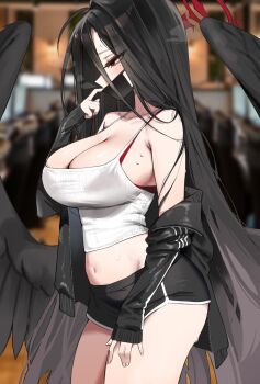 1girl bare_shoulders black_hair black_jacket blue_archive breasts cleavage commentary crop_top davo221020 feathered_wings halo hasumi_(blue_archive) highres jacket long_hair long_sleeves mask red_eyes short_shorts shorts steam stomach sweat thighs wings