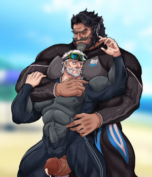 2boys animal_ears bara beard between_pecs between_pectorals black_bodysuit blue_bodysuit bodysuit bulge caressing commission couple covered_erect_nipples cum cumdrip dadee_(da_ddy22) diving_suit erection erection_under_clothes facial_hair feet_out_of_frame girthy_penis goggles goggles_on_head head_between_pecs height_difference highres large_pectorals male_focus mature_male multiple_boys muscular muscular_male mustache old old_man original pectorals penis penis_size_difference short_hair size_difference standing strongman_waist taut_clothes thick_eyebrows thick_mustache thick_thighs thigh_sex thighs uncensored wetsuit yaoi