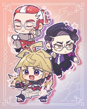 Rule 34 | 3boys, apron, arms up, black-framed eyewear, black coat, black gloves, black pants, black shirt, black shoes, blunt bangs, blush stickers, brown eyes, chibi, chibi only, closed mouth, coat, collared shirt, commentary request, corbeau (pokemon), crew neck, cup, eyelashes, fingerless gloves, frown, glasses, gloves, gradient background, grey jacket, grey pants, grisham (pokemon), highres, inset border, ivor (pokemon), jacket, layered sleeves, long hair, long sleeves, male focus, mole, mole under eye, multicolored hair, multiple boys, n 310 gm, nintendo, open clothes, open coat, open mouth, outstretched arms, pants, parted hair, pokemon, pokemon legends: z-a, ponytail, purple eyes, purple hair, purple shirt, red apron, red sash, round eyewear, sandals, sash, shirt, shoes, short hair, sideburns, slit pupils, smile, standing, standing on one leg, star (symbol), tassel, teacup, v-shaped eyebrows, white-framed eyewear, wing collar