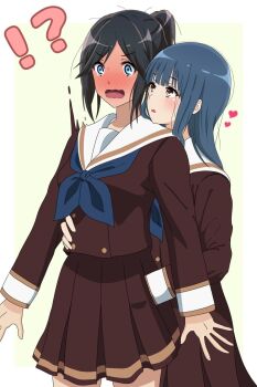 2girls bad_link black_hair blue_hair blush embarrassed hand_in_another&#039;s_skirt hand_on_another&#039;s_hip heart hibike!_euphonium highres hime_cut kasaki_nozomi kitauji_high_school_uniform liz_to_aoi_tori motomati multiple_girls ponytail school_uniform tearing_up third-party_source yoroizuka_mizore yuri