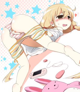 10s 1girl ass barefoot blonde_hair blush breasts brown_eyes clothed_masturbation clothes_pull drooling egg_vibrator feet female_focus female_masturbation futaba_anzu halftone halftone_background hand_in_panties handheld_game_console heart idolmaster idolmaster_cinderella_girls loli long_hair masturbation messy_hair mirakichi off_shoulder open_mouth panties playstation_portable remote_control_vibrator sex_toy shorts shorts_pull small_breasts solo star_(symbol) striped_clothes striped_panties stuffed_animal stuffed_rabbit stuffed_toy top-down_bottom-up twintails underboob underwear upshirt very_long_hair vibrator