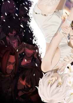 3girls 4boys absurdres bandages bandaged_arm bandages bare_shoulders breasts brown_eyes brown_hair code_vein collared_shirt commentary_request dress eva_roux fur_hat glowing glowing_eyes green_eyes hair_between_eyes hat highres huge_filesize io_(code_vein) jack_rutherford large_breasts looking_at_viewer louis_(code_vein) mia_karnstein multiple_boys multiple_girls nana_choco protagonist_(code_vein) red_hair scar scar_on_face shirt short_hair sleeveless sleeveless_dress vampire white_dress white_hair yakumo_(code_vein) yellow_eyes