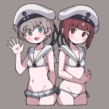 2girls beret bikini blue_eyes breasts closed_mouth cowboy_shot es_(eisis) hat highres kantai_collection light_brown_hair looking_at_viewer multiple_girls navel open_mouth red_eyes red_hair sailor_bikini sailor_collar sailor_hat short_hair simple_background small_breasts smile swimsuit white_hat white_sailor_collar z1_leberecht_maass_(kancolle) z1_leberecht_maass_(swimsuit)_(kancolle) z3_max_schultz_(kancolle) z3_max_schultz_(swimsuit)_(kancolle)