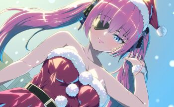 1girl anis_bennett bare_shoulders belt black_belt black_ribbon blue_eyes breasts cleavage closed_mouth dress eyepatch hair_ribbon hat highres long_hair muv-luv muv-luv_girls_garden off-shoulder_dress off_shoulder pink_hair red_dress red_hat ribbon santa_costume santa_hat snowing solo thames3 upper_body