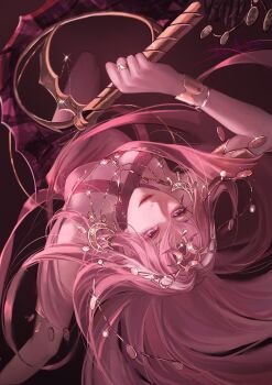 1girl absurdres bare_legs bracelet chakram chinese_commentary commentary crescent crescent_hair_ornament diffraction_spikes dress floating_hair glitter_makeup gold_bracelet gold_ring gold_weapon gradient_background hair_between_eyes hair_ornament headpiece heibai_bangbing highres holding holding_weapon jasmine_(path_to_nowhere) jewelry light_particles long_hair looking_at_viewer lower_teeth_only midair open_mouth path_to_nowhere pink_dress pink_eyes pink_hair pink_theme red_background ring signature sleeveless sleeveless_dress solo teeth upside-down very_long_hair weapon