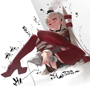 1girl absurdres amatsukaze_(kancolle) brown_dress brown_eyes clothed_masturbation dildo dress female_masturbation garter_straps gloves hair_tubes hat highres hitachi_magic_wand holding holding_sex_toy kantai_collection long_hair long_shirt long_sleeves masturbation masturbation_through_clothes mini_hat one_eye_closed open_mouth pussy_juice red_thighhighs rudder_footwear sailor_dress sex_toy short_dress single_glove sitting smokestack_hair_ornament solo sweat thighhighs tongue tongue_out two_side_up very_long_hair vibrator white_gloves white_hair zetsuriinu_(kairyougata)
