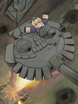 1girl absurdres black_eyes blonde_hair dirt explosion fire gamryous girls&#039;_frontline grass green_ribbon grenade_launcher hair_ribbon highres leopard_2 military_uniform military_vehicle motor_vehicle radio_antenna ribbon roblox russian_flag soil sv-98_(girls&#039;_frontline) t-72 tank tank_turret weapon