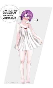 1girl absurdres artist_name bare_shoulders blush bob_cut closed_mouth collarbone commentary curtained_hair eiyuu_densetsu embarrassed english_commentary english_text full_body grey_background hair_between_eyes highres hug kloe_rinz nightgown one_eye_closed parted_bangs purple_eyes purple_hair short_hair simple_background sleeveless solo sora_no_kiseki speech_bubble two-tone_background vanillahare white_background white_nightgown