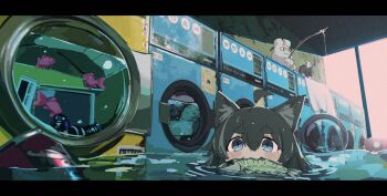 1girl animal_ears black_hair can cat_ears fish fishing flood hair_between_eyes highres mouth_hold original partially_submerged pusen_(puuu_sen555) washing_machine