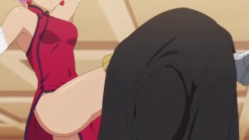 1girl animated anime_screenshot armored_boots ass boots braid china_dress chinese_clothes dark-skinned_female dark_skin dress elbow_gloves gloves groin hair_bun hair_ornament hairclip highres liz_smart nageki_no_bourei_wa_intaishitai no_panties pelvic_curtain pink_hair red_dress smile sound tagme thighs video white_gloves yellow_eyes