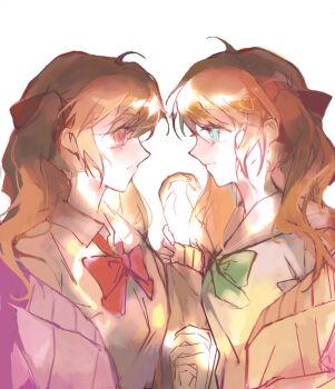 Rule 34 | 2girls, absurdres, ahoge, bow, bowtie, brown hair, cardigan, closed mouth, collared shirt, e douraze, evil neuro-sama, from side, frown, green bow, green bowtie, green eyes, hair between eyes, hair ribbon, highres, holding another's wrist, holding hands, interlocked fingers, long hair, looking at another, multiple girls, neuro-sama, off-shoulder cardigan, open cardigan, open clothes, profile, purple cardigan, red bow, red bowtie, red eyes, red ribbon, ribbon, school uniform, serafuku, shirt, siblings, simple background, sisters, smile, twins, two side up, upper body, vedal ai, white background, white shirt, yellow cardigan