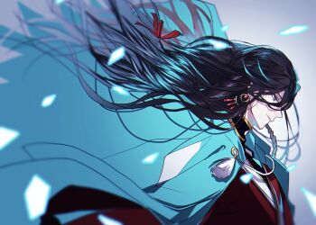 10s 1boy absurdres bishounen black_hair blue_eyes braid cape collar earrings from_side hair_lift haori highres izumi-no-kami_kanesada japanese_clothes jewelry kaa kimono long_hair profile red_kimono red_ribbon ribbon shinsengumi side_braid touken_ranbu