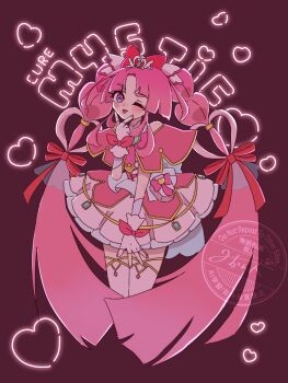 Rule 34 | 1girl, ;p, back bow, bare shoulders, blue bow, blunt bangs, blunt ends, blush, bow, braid, brooch, character name, closed mouth, commentary, cropped legs, cure mystique, dark background, dress, earrings, english text, fingerless gloves, fingernails, glove bow, gloves, gold trim, hair bow, hair ornament, hand on own face, heart, heart brooch, highres, impossible hair, jewelry, kobayashi mikuru, layered dress, legs together, long hair, looking at viewer, magical girl, medium dress, meitantei precure!, off-shoulder dress, off shoulder, one eye closed, pact holder, parted bangs, pink background, pink bow, pink dress, pink gloves, pink hair, pink theme, pink thighhighs, pleated dress, pouch, precure, puni2 kuru2, purple eyes, red bow, sidelocks, solo, spread fingers, text background, thick eyebrows, thighhighs, tongue, tongue out, twin braids, v, v over mouth, very long hair, watermark, wing hair ornament