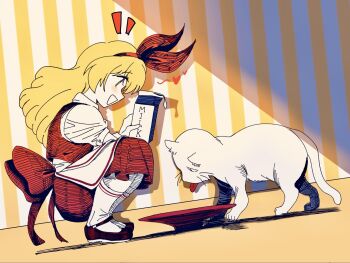 Rule 34 | 1girl, :d, animal, blonde hair, cat, commentary request, drink carton, ellen (touhou), heart, highres, holding, holding milk carton, long hair, looking at animal, milk, milk carton, open mouth, red ribbon, red shoes, red skirt, red vest, ribbon, shirt, shoes, short sleeves, skirt, smile, socks, sokrates (touhou), squatting, tongue, tongue out, touhou, touhou (pc-98), turtle-kun, vest, white cat, white shirt, white socks