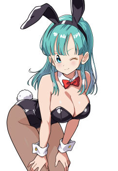 1girl absurdres animal_ear_hairband animal_ears aqua_hair black_leotard blue_eyes bow bowtie breasts brown_pantyhose bulma cleavage detached_collar dragon_ball dragon_ball_(classic) dragon_ball_daima fake_animal_ears hairband hands_on_own_thighs highres large_breasts leotard long_hair one_eye_closed pantyhose playboy_bunny rabbit_ears rabbit_tail red_bow red_bowtie simple_background solo strapless strapless_leotard tail tetsuado white_background wrist_cuffs