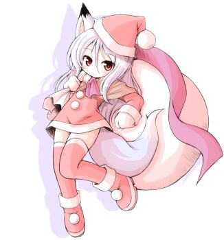 1girl animal_ears boots brown_cape cape closed_mouth commentary_request concon-collector dress drop_shadow fox_ears fox_girl fox_tail full_body hair_between_eyes hat holding holding_sack long_hair long_sleeves meta&#039;36 pom_pom_(clothes) red_boots red_dress red_eyes red_hat red_thighhighs sack santa_costume santa_dress santa_hat short_dress simple_background smile solo tail thighhighs white_background white_hair