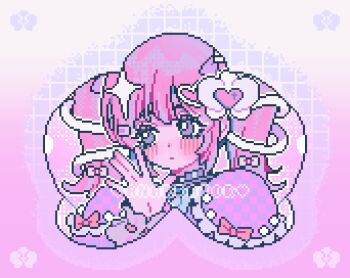 1girl animated animated_gif apangbai_(anarrator) artist_name black_choker border bow capelet checkered_capelet choker closed_mouth commentary dot_nose dress expressionless eyelashes frilled_capelet frilled_wrist_cuffs frills gradient_background grey_wrist_cuffs grid_background hair_bow hair_ornament hair_ribbon hand_up heart heart_hair_ornament highres light_blush long_hair looping_animation multiple_hair_bows original outline pink_background pink_capelet pink_hair pixel_art puffy_short_sleeves puffy_sleeves purple_bow purple_capelet purple_dress purple_eyes ribbon ribbon-trimmed_wrist_cuffs short_sleeves solo sparkle symbol-only_commentary thick_eyebrows twintails two-tone_capelet unmoving_pattern upper_body watermark white_border white_bow white_outline white_ribbon wrist_cuffs