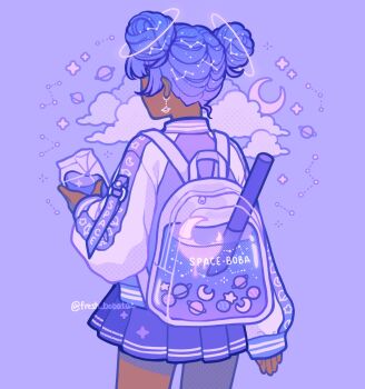 artist_name backpack bag blunt_bangs carton cloud commentary constellation constellation_print cowboy_shot crescent crescent_moon crescent_print dark-skinned_female dark_skin double_bun drink earrings emily_kim english_commentary from_behind gradient_hair hair_bun halftone halo highres holding holding_carton holding_drink jacket jewelry liquid long_sleeves monochrome moon multicolored_hair multicolored_jacket original patterned_hair planet planet_earrings planet_print planetary_ring pleated_skirt purple_background purple_clouds purple_halo purple_jacket purple_skirt purple_theme saturn_(planet) simple_background skirt solo standing star_(symbol) two-tone_jacket