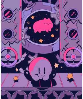 bad_id bad_pixiv_id closed_eyes closed_mouth conveyor_belt factory gears indoors kirby kirby_(series) kirby_64 limited_palette machine machinery nintendo no_humans shadow sitting soumenhiyamugi star_(symbol) tube