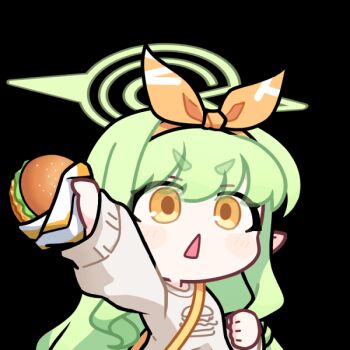 1girl acomu414 animated animated_gif bag blinking blue_archive burger food green_hair green_halo grey_sweater halo hikari_(blue_archive) hikari_(mom&#039;s_touch)_(blue_archive) holding holding_burger holding_food long_hair long_sleeves official_alternate_costume open_mouth pointy_ears shoulder_bag simple_background solo sweater thick_eyebrows transparent_background triangle_mouth upper_body v-shaped_eyebrows yellow_bag yellow_eyes