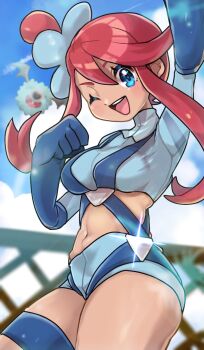 Rule 34 | 1girl, bat (animal), blue eyes, blue gloves, blue jacket, blue shorts, breasts, commentary request, crop top, cropped jacket, fu (tk1189227dhy), gen 5 pokemon, gloves, hand up, highres, jacket, large breasts, midriff, nintendo, one eye closed, one side up, open mouth, pokemon, pokemon (creature), pokemon bw, pouch, red hair, short hair with long locks, short shorts, shorts, sidelocks, skyla (pokemon), smile, solo focus, swept bangs, thick thighs, thigh pouch, thighs, woobat