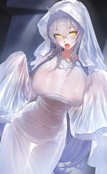 1girl absurdres blush breasts brown_dust_(series) brown_dust_2 commentary covered_navel dress drooling ghost_costume ghost_girl_(niyeye2019) ghost_pose granhildr_(brown_dust) grey_hair hair_between_eyes halloween_costume highres houh888 large_breasts long_hair looking_at_viewer naked_costume open_mouth saliva saliva_trail see-through_clothes sheet_ghost sleeves_past_fingers sleeves_past_wrists solo tight_clothes tight_dress tongue tongue_out yellow_eyes