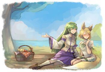 2girls absurdres animal_ears blonde_hair blush brown_shoes closed_eyes day detached_sleeves dress embarrassed facing_away fox_ears fox_girl frog_hair_ornament green_hair green_ribbon hair_ornament happy highres kochiya_sanae kudamaki_tsukasa lake long_hair lunie multiple_girls navel open_mouth outdoors outstretched_arm picnic_basket ribbon shirt shoes short_hair sitting touhou tree white_dress white_shirt yuri