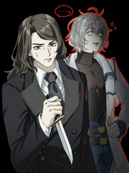 ... 2boys alucard_(castlevania) arikado_genya black_coat black_eyes black_necktie blue_pants brown_hair castlevania:_dawn_of_sorrow castlevania_(series) coat commentary_request fang glowing glowing_eyes grey_hair hand_on_own_hip highres holding holding_knife jewelry keiseki1 knife long_hair male_focus medium_hair multiple_boys necklace necktie nervous_sweating outline pants red_outline reverse_grip sleeves_past_wrists slit_pupils soma_cruz spoken_ellipsis sweat turtleneck white_coat yellow_eyes