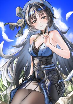 1girl absurdres beret black_bow black_collar black_eyes black_hair blue_hat bow collar commentary facial_mark feather_hair forehead_mark hair_intakes hat hat_bow highres index_finger_raised long_hair looking_at_viewer parted_bangs sitting solo tacet_mark_(wuthering_waves) takamatsu-k two-tone_veil wuthering_waves yangyang_(wuthering_waves)