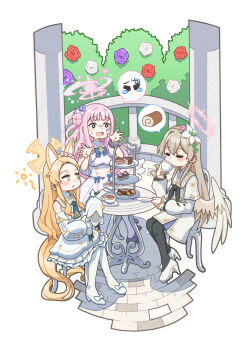 Rule 34 | 3girls, akaimame, animal ears, bird, black pantyhose, blonde hair, blue archive, cake, chair, commentary, cup, detached sleeves, dress, drinking, flower, food, fox ears, hair bun, hair flower, hair ornament, halo, high heels, highres, holding, holding cup, holding saucer, long hair, mika (blue archive), multiple girls, nagisa (blue archive), on chair, pantyhose, pink hair, saucer, school uniform, seia (blue archive), single side bun, sitting, sleeves past fingers, sleeves past wrists, spoken expression, spoken object, squeans, sweatdrop, swiss roll, tea, tea party (blue archive), teacup, tiered tray, tit (bird), turn pale, white dress, white pantyhose, wings