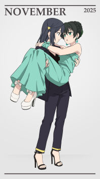 2025 2girls absurdres black_hair blush calendar_(medium) carrying commentary_request dress earrings english_text full_body green_dress green_eyes grey_background grey_eyes high_heel_sandals highres jewelry laofuzi_dai_bansho long_hair love_live! love_live!_nijigasaki_high_school_idol_club multiple_girls no_socks november one_side_up pants princess_carry sandals takasaki_yu yuki_setsuna yuri