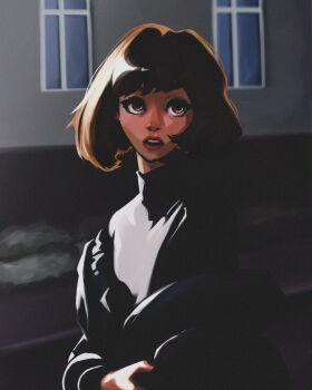 Rule 34 | 1girl, black jacket, black shirt, brown eyes, brown hair, commentary, english commentary, facing viewer, highres, jacket, jacket partially removed, lips, looking up, open mouth, original, outdoors, shirt, short hair, solo, titanartx, turtleneck, turtleneck shirt, upper body, window