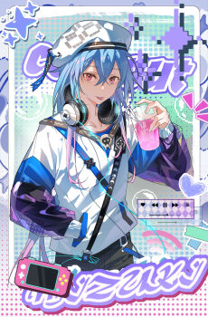 1boy :p absurdres arknights beret black_pants blue_hair border chinese_commentary commentary cowboy_shot drink fast_forward_button feihuanjiang gradient_background gradient_hair green_background grey_background halftone halftone_background hand_in_pocket handheld_game_console hat headphones headphones_around_neck highres holding holding_drink jacket long_hair long_sleeves looking_at_viewer male_focus mizuki_(a_player_forever)_(arknights) mizuki_(arknights) multicolored_hair pants pause_button pink_background pink_eyes pink_hair progress_bar rewind_button see-through_clothes solo sparkle tongue tongue_out white_hat white_jacket