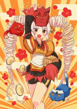 1girl :d absurdres arm_up bare_shoulders beans bike_shorts black_dress black_shorts black_sleeves detached_sleeves dress drill_hair feet_out_of_frame flower hair_ribbon highres japanese_clothes kimono kimono_dress long_hair long_sleeves mamemaki mask mask_on_head meteorite_(yurenlin8) multicolored_dress onikko_hunter_tsuina-chan open_mouth orange_dress orange_eyes orange_ribbon parted_bangs plum_blossoms red_dress red_mask red_sleeves ribbon sash setsubun shorts smile standing stuffed_animal stuffed_toy sunburst sunburst_background tsuina-chan twin_drills v-shaped_eyebrows very_long_hair voiceroid white_hair white_sash wide_sleeves