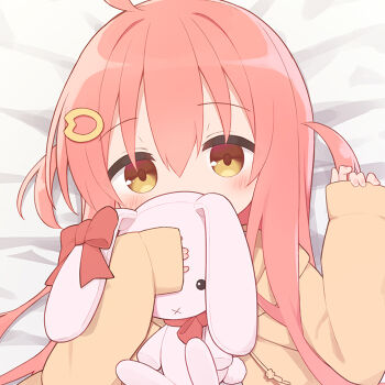 1girl ahoge bed_sheet blush bow brown_eyes commentary covered_mouth cropped drawstring hair_between_eyes hair_ornament hood hood_down ii_(ayanepuna) long_hair long_sleeves looking_at_viewer lying on_back original pink_hair red_bow sleeves_past_wrists solo stuffed_animal stuffed_rabbit stuffed_toy symbol-only_commentary two_side_up upper_body yuune_(ayanepuna)